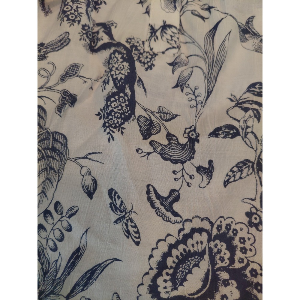 Jane + Delancey Navy White Toile Floral Bird Print Ruffle Neck Blouse Top - Picture 2 of 3